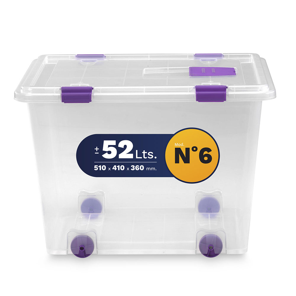 Caja de plástico para almacenaje con ruedas, cierres y tapa – 62 Litros