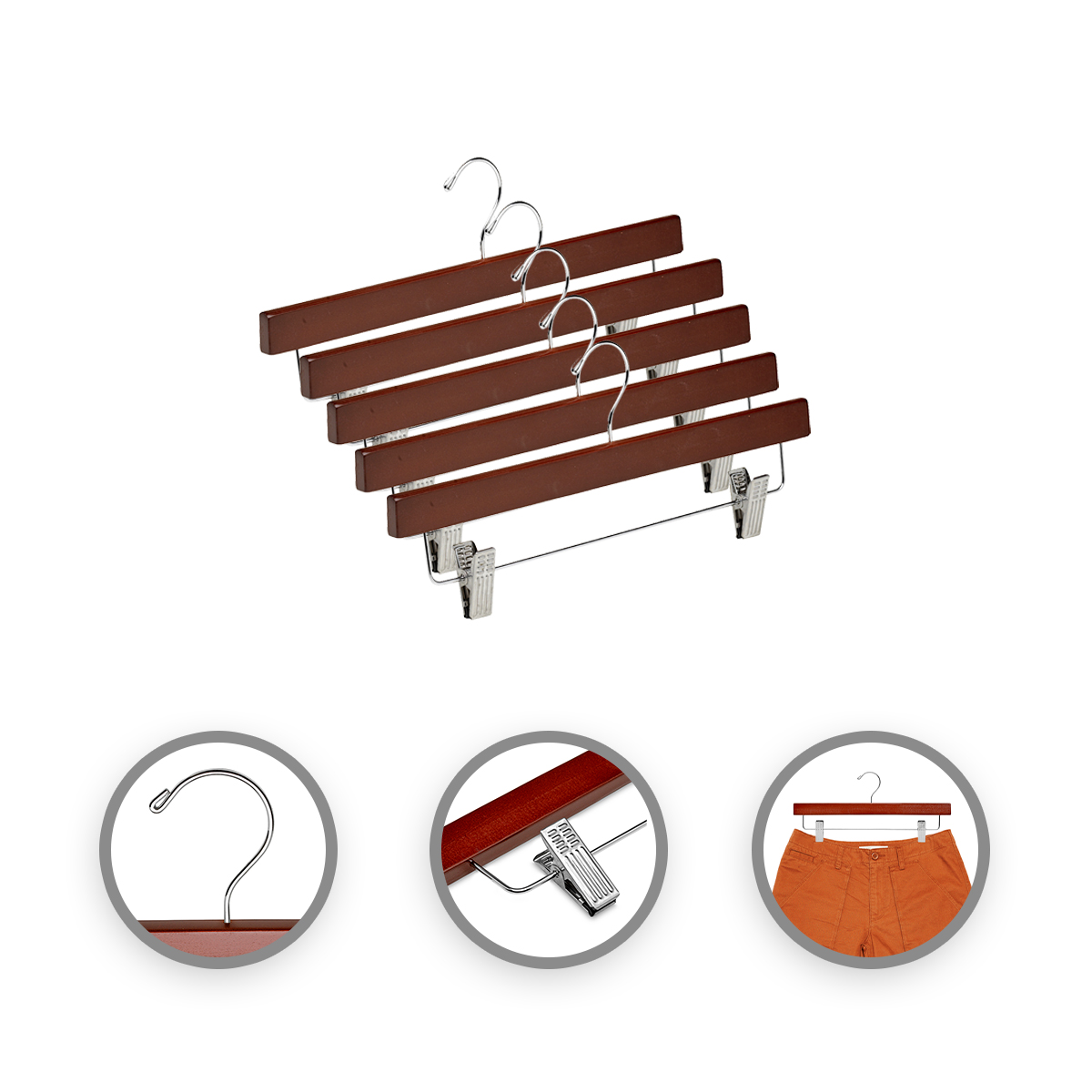 Tradineur - Pack de 3 perchas de madera con pinzas metálicas para  pantalones, perchas para ropa, faldas, ahorro de espacio, anti
